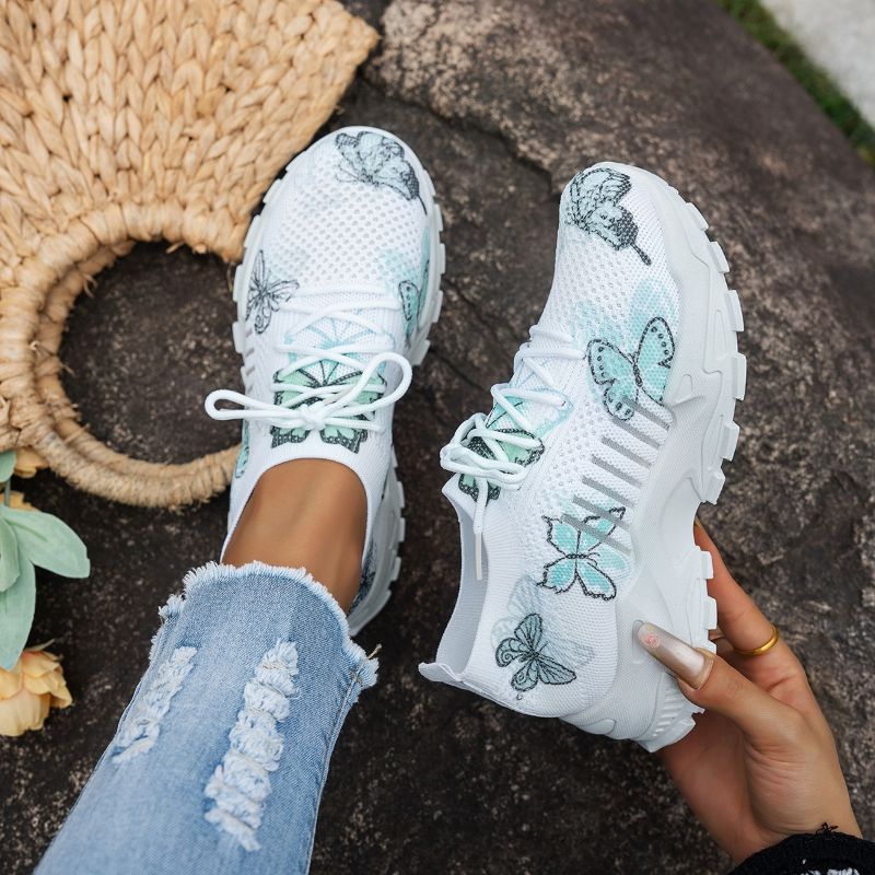 Running Shoes Lightweight - Women Butterfly Print Mesh Sneakers White